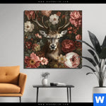 Aluminiumbild Gebürstet Friedlicher Hirsch Und Blueten Quadrat Produktvorschau mit dem Bild Friedlicher Hirsch und Blüten im Format Quadrat.