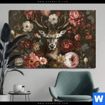 Aluminiumbild Gebürstet Friedlicher Hirsch Und Blueten Querformat Produktvorschau mit dem Bild Friedlicher Hirsch und Blüten im Format Querformat.