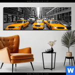 Aluminiumbild Gebürstet Gelbe Taxis New York Panorama Produktvorschau mit dem Bild Gelbe Taxis New York im Format Panorama.