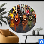 Aluminiumbild Gebürstet Gewuerze Auf Loeffeln No 2 Rund Produktvorschau mit dem Bild Gewürze auf Löffeln No. 2 im Format Rund.