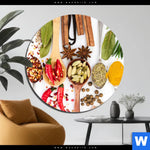 Aluminiumbild Gebürstet Gewuerze Auf Loeffeln Weiss Rund Produktvorschau mit dem Bild Gewürze auf Löffeln - weiß im Format Rund.