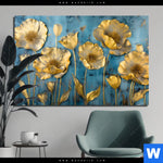 Aluminiumbild Gebürstet Goldene Blumen Auf Blau Querformat Produktvorschau mit dem Bild Goldene Blumen auf Blau im Format Querformat.
