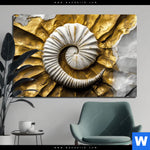 Aluminiumbild Gebürstet Goldene Muschel Kunst Querformat Produktvorschau mit dem Bild Goldene Muschel-Kunst im Format Querformat.