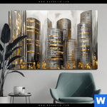 Aluminiumbild Gebürstet Goldene Skyline Vision Querformat Produktvorschau mit dem Bild Goldene Skyline Vision im Format Querformat.