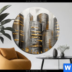 Aluminiumbild Gebürstet Goldene Skyline Vision Rund Produktvorschau mit dem Bild Goldene Skyline Vision im Format Rund.