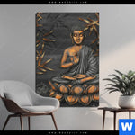 Aluminiumbild Gebürstet Goldener Buddha Bambus Hochformat Produktvorschau mit dem Bild Goldener Buddha & Bambus im Format Hochformat.