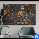 Aluminiumbild Gebürstet Goldener Buddha Bambus Querformat Produktvorschau mit dem Bild Goldener Buddha & Bambus im Format Querformat.