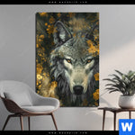 Aluminiumbild Gebürstet Goldener Wolfblick Hochformat Produktvorschau mit dem Bild Goldener Wolfblick im Format Hochformat.