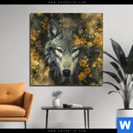 Aluminiumbild Gebürstet Goldener Wolfblick Quadrat Produktvorschau mit dem Bild Goldener Wolfblick im Format Quadrat.