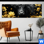 Aluminiumbild Gebürstet Goldenes Hochlandrind Panorama Produktvorschau mit dem Bild Goldenes Hochlandrind im Format Panorama.
