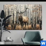 Aluminiumbild Gebürstet Hirsch Im Birkenwald Querformat Produktvorschau mit dem Bild Hirsch im Birkenwald im Format Querformat.
