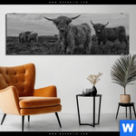 Aluminiumbild Gebürstet Hochland Rind Schwarz Weiss Panorama Produktvorschau mit dem Bild Hochland-Rind Schwarz-Weiß im Format Panorama.