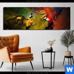 Aluminiumbild Gebürstet Kampf Der Papageien Panorama Produktvorschau mit dem Bild Kampf der Papageien im Format Panorama.