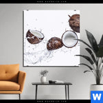 Aluminiumbild Gebürstet Kokosnuesse Mit Wasserspritzer Quadrat Produktvorschau mit dem Bild Kokosnüsse mit Wasserspritzer im Format Quadrat.