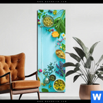 Aluminiumbild Gebürstet Kraeuter Auf Blauem Holztisch Schmal Produktvorschau mit dem Bild Kräuter auf blauem Holztisch im Format Schmal.