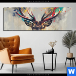 Aluminiumbild Gebürstet Kreativer Hirsch Mit Farbspritzern Panorama Produktvorschau mit dem Bild Kreativer Hirsch mit Farbspritzern im Format Panorama.