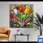 Aluminiumbild Gebürstet Loeffel Mit Kraeutern Und Gewuerzen Quadrat Produktvorschau mit dem Bild Löffel mit Kräutern und Gewürzen im Format Quadrat.