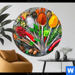 Aluminiumbild Gebürstet Loeffel Mit Kraeutern Und Gewuerzen Rund Produktvorschau mit dem Bild Löffel mit Kräutern und Gewürzen im Format Rund.