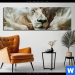 Aluminiumbild Gebürstet Loewe Sanft Umhuellt Panorama Produktvorschau mit dem Bild Löwe sanft umhüllt im Format Panorama.
