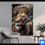 Aluminiumbild Gebürstet Loewenkopf Mit Bunten Federn Hochformat Produktvorschau mit dem Bild Löwenkopf mit bunten Federn im Format Hochformat.