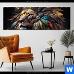 Aluminiumbild Gebürstet Loewenkopf Mit Bunten Federn Panorama Produktvorschau mit dem Bild Löwenkopf mit bunten Federn im Format Panorama.