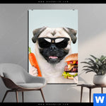 Aluminiumbild Gebürstet Lustiger Hund Mit Burger Hochformat Produktvorschau mit dem Bild Lustiger Hund mit Burger im Format Hochformat.