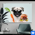 Aluminiumbild Gebürstet Lustiger Hund Mit Burger Querformat Produktvorschau mit dem Bild Lustiger Hund mit Burger im Format Querformat.