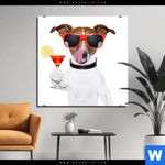 Aluminiumbild Gebürstet Lustiger Hund Mit Drink Quadrat Produktvorschau mit dem Bild Lustiger Hund mit Drink im Format Quadrat.