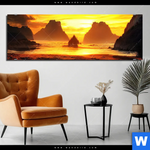 Aluminiumbild Gebürstet Magische Steinlandschaft Im Meer Panorama Produktvorschau mit dem Bild Magische Steinlandschaft im Meer im Format Panorama.