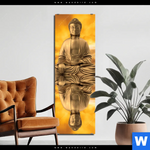 Aluminiumbild Gebürstet Meditierender Buddha Am See Schmal Produktvorschau mit dem Bild Meditierender Buddha am See im Format Schmal.