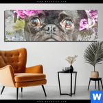 Aluminiumbild Gebürstet Mops Blumen Panorama Produktvorschau mit dem Bild Mops & Blumen im Format Panorama.