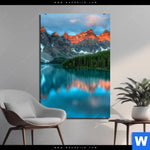 Aluminiumbild Gebürstet Moraenensee Sonnenaufgang Hochformat Produktvorschau mit dem Bild Moränensee Sonnenaufgang im Format Hochformat.