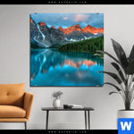 Aluminiumbild Gebürstet Moraenensee Sonnenaufgang Quadrat Produktvorschau mit dem Bild Moränensee Sonnenaufgang im Format Quadrat.