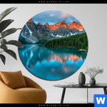 Aluminiumbild Gebürstet Moraenensee Sonnenaufgang Rund Produktvorschau mit dem Bild Moränensee Sonnenaufgang im Format Rund.