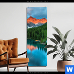 Aluminiumbild Gebürstet Moraenensee Sonnenaufgang Schmal Produktvorschau mit dem Bild Moränensee Sonnenaufgang im Format Schmal.