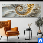 Aluminiumbild Gebürstet Muschelspirale Mit Gold Panorama Produktvorschau mit dem Bild Muschelspirale mit Gold im Format Panorama.