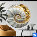 Aluminiumbild Gebürstet Muschelspirale Mit Gold Rund Produktvorschau mit dem Bild Muschelspirale mit Gold im Format Rund.