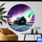 Aluminiumbild Gebürstet Nordlichter Ueber Einem Holzhaus Rund Produktvorschau mit dem Bild Nordlichter über einem Holzhaus im Format Rund.