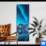 Aluminiumbild Gebürstet Nordlichter Und Schneebedeckte Berge Schmal Produktvorschau mit dem Bild Nordlichter und schneebedeckte Berge im Format Schmal.