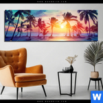 Aluminiumbild Gebürstet Palmen Bei Sonnenuntergang Panorama Produktvorschau mit dem Bild Palmen bei Sonnenuntergang im Format Panorama.