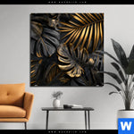 Aluminiumbild Gebürstet Palmenblaetter Schwarz Gold Quadrat Produktvorschau mit dem Bild Palmenblätter Schwarz Gold im Format Quadrat.