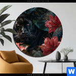 Aluminiumbild Gebürstet Panther Und Rote Blueten Rund Produktvorschau mit dem Bild Panther und rote Blüten im Format Rund.