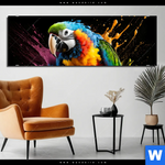 Aluminiumbild Gebürstet Papagei Mit Bunten Farbspritzern Panorama Produktvorschau mit dem Bild Papagei mit bunten Farbspritzern im Format Panorama.