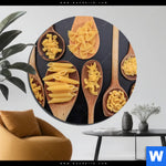 Aluminiumbild Gebürstet Pasta Auf Loeffeln Rund Produktvorschau mit dem Bild Pasta auf Löffeln im Format Rund.