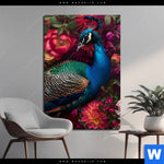 Aluminiumbild Gebürstet Prachtvoller Pfau Und Blueten Hochformat Produktvorschau mit dem Bild Prachtvoller Pfau und Blüten im Format Hochformat.