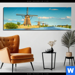 Aluminiumbild Gebürstet Romantik Zwischen Windmuehlen Panorama Produktvorschau mit dem Bild Romantik zwischen Windmühlen im Format Panorama.