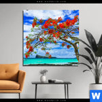 Aluminiumbild Gebürstet Rote Blueten Und Tuerkisfarbenes Meer Quadrat Produktvorschau mit dem Bild Rote Blüten und Türkisfarbenes Meer im Format Quadrat.