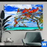 Aluminiumbild Gebürstet Rote Blueten Und Tuerkisfarbenes Meer Querformat Produktvorschau mit dem Bild Rote Blüten und Türkisfarbenes Meer im Format Querformat.