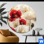 Aluminiumbild Gebürstet Rote Und Weisse Mohnblumen Rund Produktvorschau mit dem Bild Rote und weiße Mohnblumen im Format Rund.