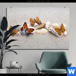 Aluminiumbild Gebürstet Schmetterlinge Muscheln Im Sand Querformat Produktvorschau mit dem Bild Schmetterlinge & Muscheln im Sand im Format Querformat.